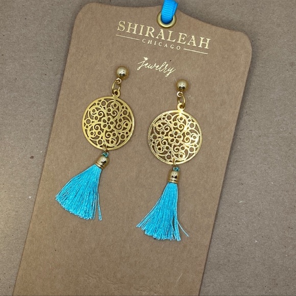 SHIRALEAH Turquoise and Gold Bali Earrings NWT - Picture 3 of 3